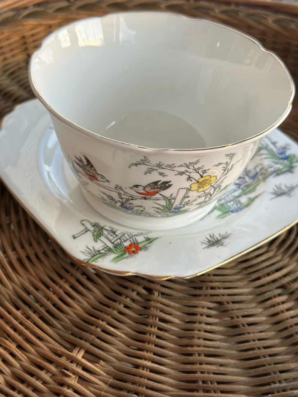 Vintage English Bone China Tea Bowl Saucer Bird Cottagecore Gold Trim